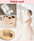 Pearl rivet embellishments for clothing; 4-piece collage of pearl-embellished heels, woven bag, pearl hat band, bridal veil.