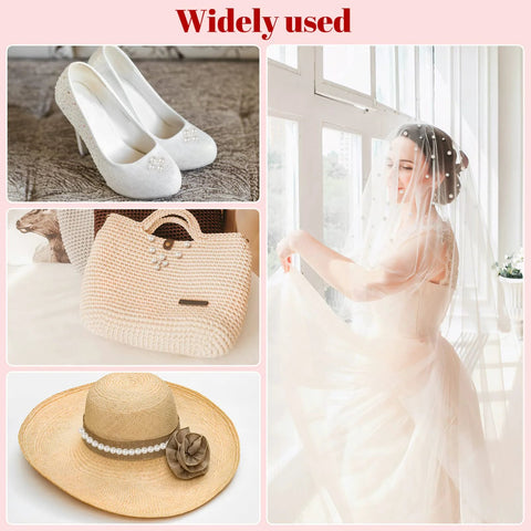 Pearl rivet embellishments for clothing; 4-piece collage of pearl-embellished heels, woven bag, pearl hat band, bridal veil.