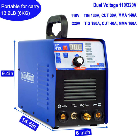 3 In 1 Plasma Cutter And Welder Combo Machine With Dual Voltage 110V 220V, 40A Plasma, 180A Lift TIG, 180A Stick, front view