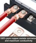 Close-up of copper wire lugs connecting to terminal block from Pro Grade Copper Wire Lugs Kit For Battery Cables With Heat Shrink Includes AWG 2 To 16 Copper Ring Terminals And Connectors DIY Friendly Battery Terminal Ends Heavy Duty Electrical Accessories For Cars And Trucks.