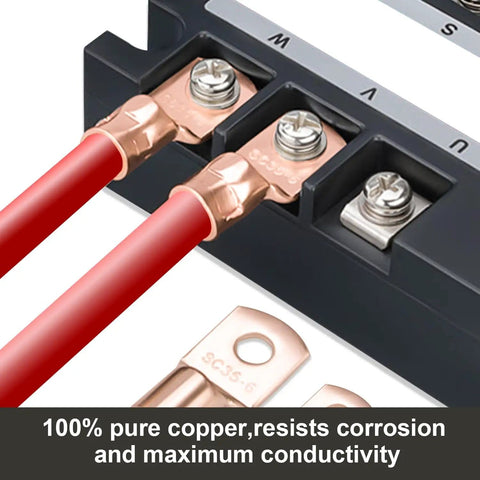 Close-up of copper wire lugs connecting to terminal block from Pro Grade Copper Wire Lugs Kit For Battery Cables With Heat Shrink Includes AWG 2 To 16 Copper Ring Terminals And Connectors DIY Friendly Battery Terminal Ends Heavy Duty Electrical Accessories For Cars And Trucks.