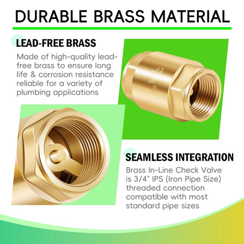 Two brass in-line check valves, 3/4 inch IPS, with threaded connections for water supply and backflow prevention