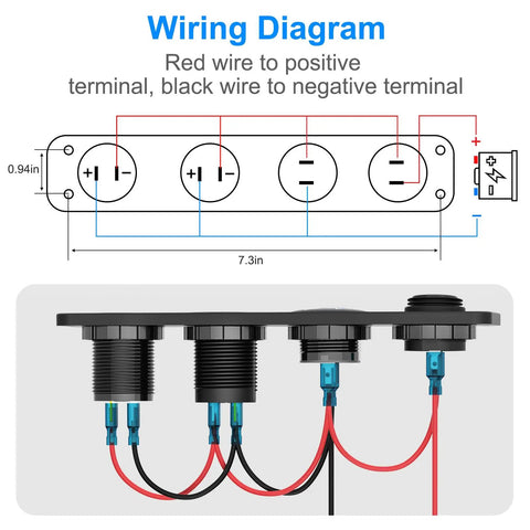 Wiring diagram for 4 In 1 12V USB Outlet Marine Switch Panel Kit With PD3.0 And Dual QC3.0 USB Ports 150W Lighter Socket