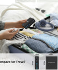 GaN III 65W 10 Port USB C And USB A Charger Station placed in a suitcase alongside travel items, showing compact size.