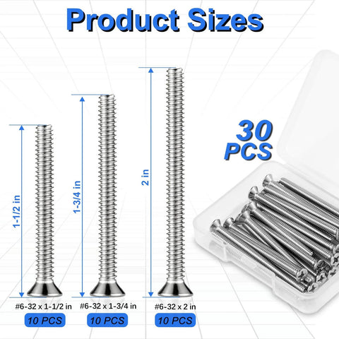 Extra Long 6-32 Stainless Steel Outlet Screws - 30 Pieces Phillips Flat Head Machine Screws in different sizes with storage box
