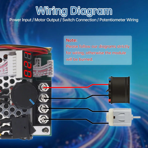Wiring diagram for Ultra Tough Pwm Dc Brushed Motor Speed Controller Featuring Bright Tunable Digital Readout, with connections shown.