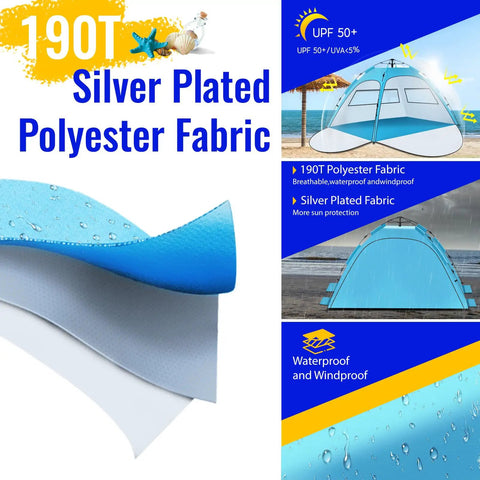 Easy Setup Beach Tent Sun Shelter For Family Beach Day with UV 50 Plus Protection showing 190T silver-plated polyester fabric details