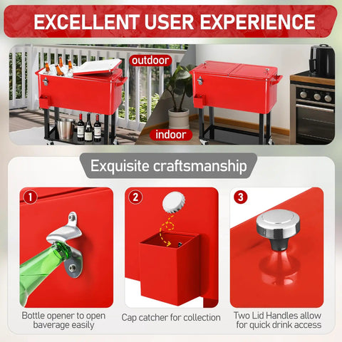 80QT Rolling Cooler On Wheels With Bottle Opener Outdoor Beverage Cooler shown in use with bottle opener and storage options, red color