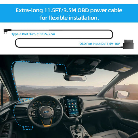 Plug And Play Dash Cam Hardwire Kit With OBD Power Cable USB Type C Adapter shown inside car dashboard, 11.5FT cable