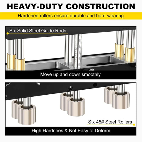 Close-up of heavy-duty construction with six solid steel guide rods and rollers on a Three Station Edge Roller Bender for sheet metal.