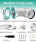 Magnetic Dryer Vent Connector Kit With Airtight Quick Connect showing components including ducting, clamps, and foil tape.