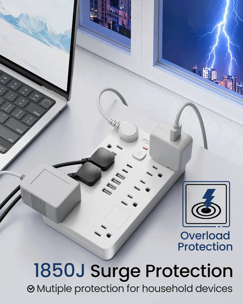 Surge Protector Power Strip With 10 Outlets And 6 USB Ports Including 2 USB-C, 6 Ft Heavy Duty Extension Cord, Wall Mount, 1850W 15A Overload Protection, ETL Listed For Home Or Dorm Room. White power strip with multiple outlets and USB ports on a desk