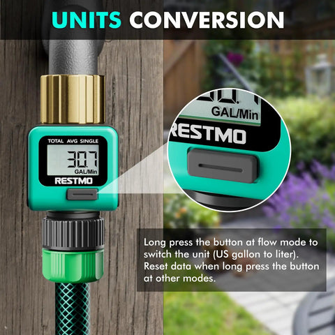 Water Flow Meter With Brass Inlet And Metal Thread, Easy To Read LCD, One Touch Control, connected to garden hose for flow monitoring