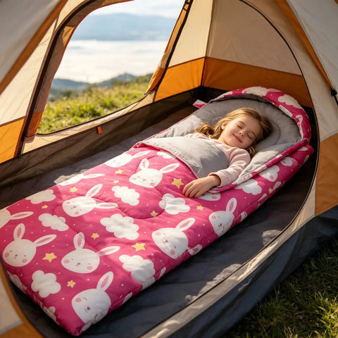 Child sleeping in Bright Pink 3 Season Kid Friendly Sleeping Bag For Camping And Backpacking Lightweight And Waterproof With Carry Bag Perfect For Hiking Outdoor Travel Boys And Girls Cozy All Weather Sleep Gear inside a tent.