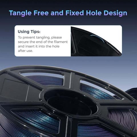 Close-up of Burnt Titanium Color Changing 1.75mm PLA Filament 1kg 2.2lb spool, highlighting tangle-free and fixed hole design for 3D printing.