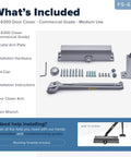 Heavy Duty Commercial Door Closer FS 6300 Auto Hydraulic Spring Hinge Grade 1 UL ADA ANSI A1564 installation kit contents