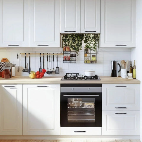 White kitchen with 30 Pack Matte Black Cabinet Handles 5 Inch 128mm Screw Spacing Arch Drawer Pulls Modern Aluminum Alloy Hardware
