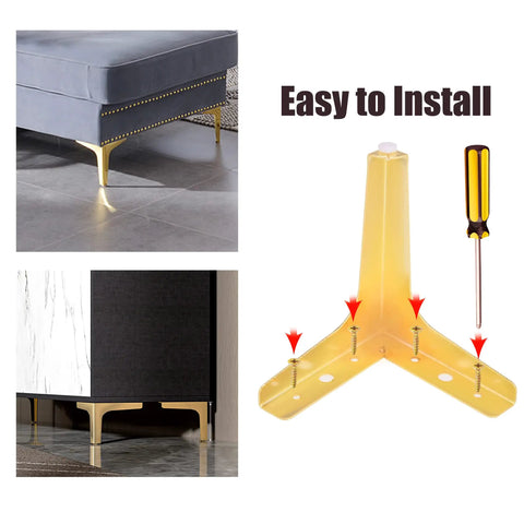 7 Inch Heavy Duty Gold Metal Furniture Legs Set of 8, Triangle Style Sofa Couch Chair Table Cabinet Feet, installation shown