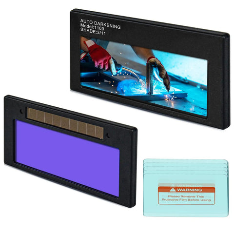 Auto Darkening Welding Lens 2x4.25 Solar Powered Helmet showing front and back, true color technology, shade 11 LCD dimming filter.