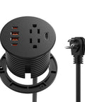 Flush Mount Desk Power Grommet With Two Outlet Jacks And Four USB Ports Including Dual PD Fast Chargers Plus HDMI Connectivity and a Low Profile Plug.