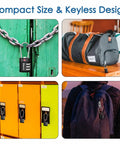 TSA Approved Luggage Locks securing chain, duffel, lockers, backpack, illustrating versatile use and design features.