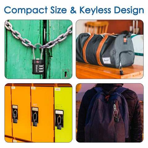 TSA Approved Luggage Locks securing chain, duffel, lockers, backpack, illustrating versatile use and design features.