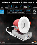 4 Inch LED Wide Flood Fire Rated Module & Trim with junction box, color selectable 15W 1000 Lumen, and dimmable feature.