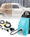 Hot New 3000W Steam Cleaner With 3.5L Tank For Home And Auto, blue unit with hose, tools, and car showing dirt removal.
