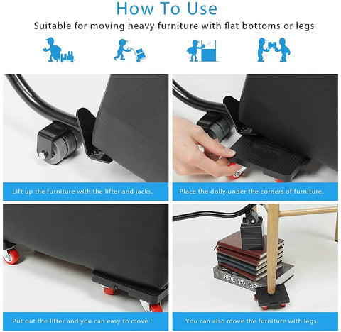 How to use Heavy Duty Furniture Mover Lifter Kit With Extension Bar And Four Wheel Dollies for heavy sofas and cabinets up to 440 lbs.