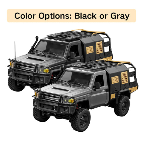Two All Terrain One Twelfth Scale 4WD Remote Control Car With LED Lights, in black and gray color options, side by side.