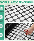 Close-up of a plastic garden fence netting roll 4x100ft being cut, showing 1.7x1.7in mesh openings. Lightweight and UV resistant.