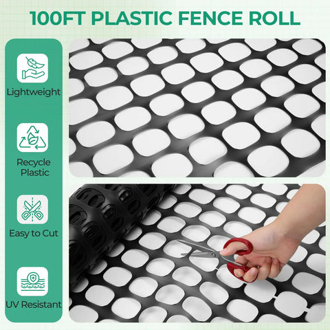 Close-up of a plastic garden fence netting roll 4x100ft being cut, showing 1.7x1.7in mesh openings. Lightweight and UV resistant.