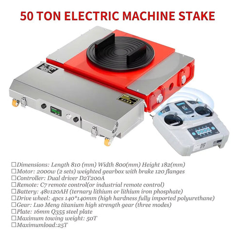 Jin Yang Hu Heavy Duty 50 Ton Electric Machine Dolly Skate with remote control, featuring steel plate and rotating wheels for heavy equipment.