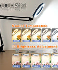 15X Lighted Magnifying Glass With Clamp Desk Lamp showcasing LED brightness and color modes for reading and close work.
