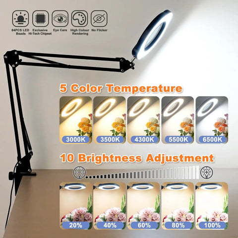 15X Lighted Magnifying Glass With Clamp Desk Lamp showcasing LED brightness and color modes for reading and close work.