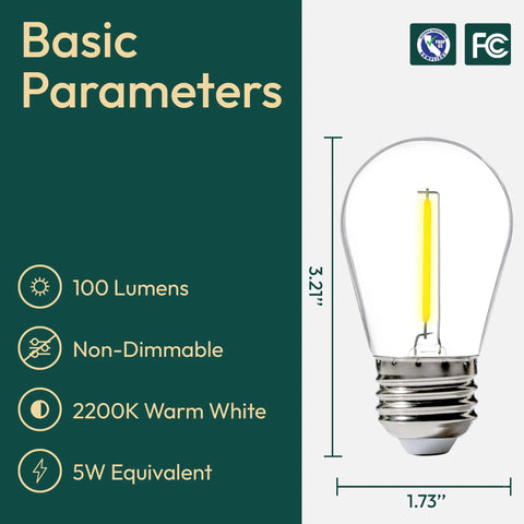 Basic parameters of Shatterproof Outdoor S14 LED Bulbs 48 Pack For Patio String Lights 1W Warm White 2200K E26 Base