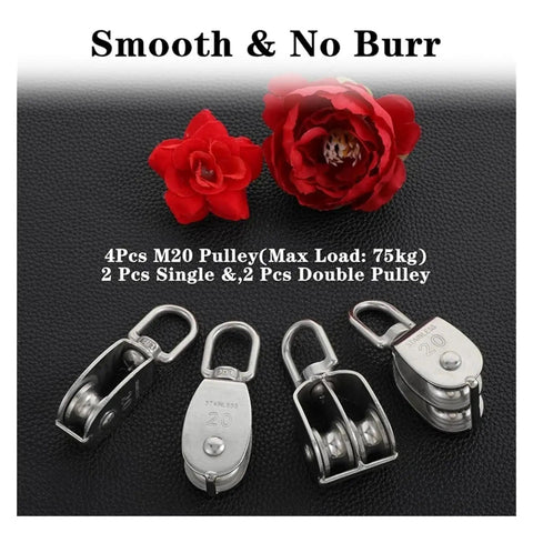 14 Piece M20 Rope Pulley Set In Stainless Steel With Crane Swivel Hooks Double Roller Pulleys 360 Degree Rotation Rust Proof And Weather Resistant Construction For Heavy Duty Hoisting, four pulleys shown