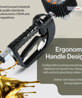 Digital Oil Control Valve Flow Meter Dispenser Nozzle for Heavy Duty Pneumatic System showing ergonomic handle design with spilled oil splash.