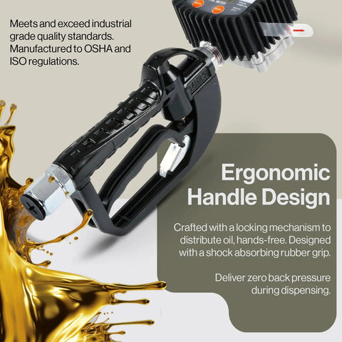 Digital Oil Control Valve Flow Meter Dispenser Nozzle for Heavy Duty Pneumatic System showing ergonomic handle design with spilled oil splash.