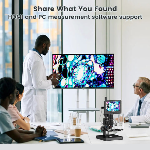 Five Lens 7 Inch HDMI Digital Microscope With Screen Ready To Roll 5000X Magnification For Coins Biology Soldering And Slides Mechanical X Y Stage 2160P Video LCD Display PC View 32GB Included in lab meeting