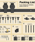 This heavy-duty 40 inch bifold barn door hardware kit fits two 18 inch doors with packing list of components and installation tools.