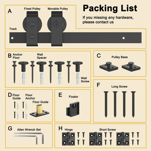 This heavy-duty 40 inch bifold barn door hardware kit fits two 18 inch doors with packing list of components and installation tools.