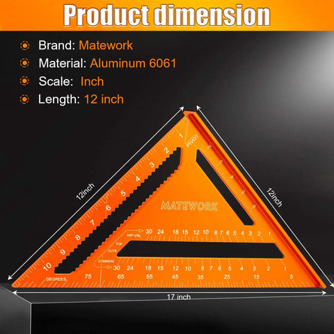 Pro Grade 12 Inch Carpenter Square And Rafter Square With Laser Etched Scale For Dead On Measurements, 12 inch aluminum tool dimensions.