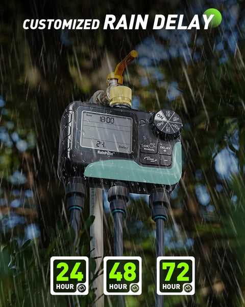 3 Zone Sprinkler Timer With Brass Inlet And IP65 Waterproof Housing Hose Timer For Garden With Rain Delay Manual And Automatic Watering Large LCD Display Durable Outdoor Yard Sprinkler Controller showing 24, 48, 72 hour delay options in rain