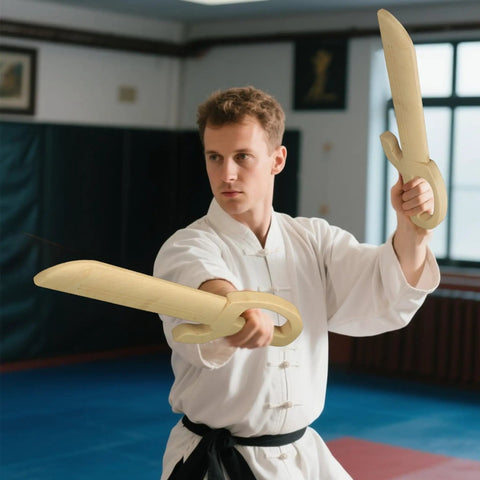 Man practicing with Natural Hardwood Wing Chun Butterfly Swords Set For Kung Fu Training in dojo