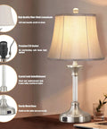 Set Of 2 Silver Touch-Activated Bedside Lamps With Dual USB Ports, 3-Way Dimmable Nightstand Lighting showing design features