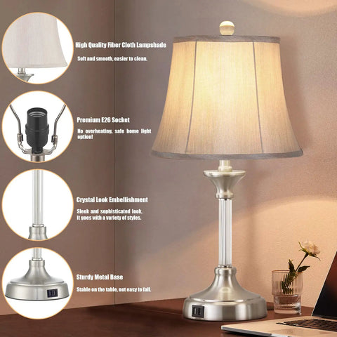 Set Of 2 Silver Touch-Activated Bedside Lamps With Dual USB Ports, 3-Way Dimmable Nightstand Lighting showing design features