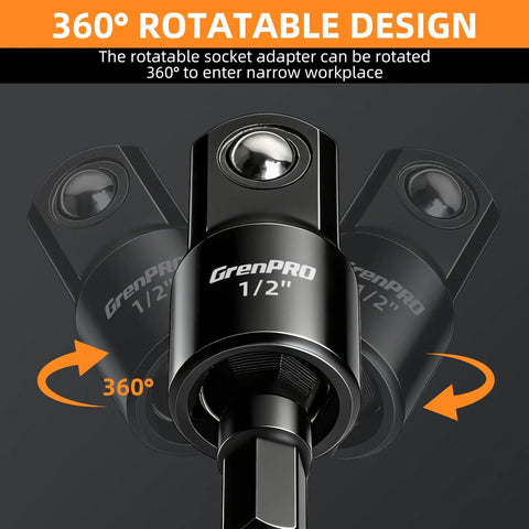 Flexible Drill Bit Extension Set Four Piece With 1/4 To 1/2 Inch Socket Adapters 360 Degree Rotating Pro Grade showing 360° adapter