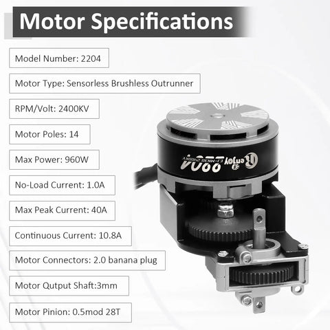 Motor specifications for Powerful 2204 2400KV Brushless Outrunner Motor with Transmission and 30A ESC for Axial SCX24.