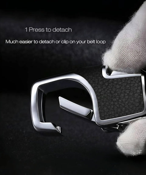 Close-up of 3 Pack Heavy Duty Zinc Alloy Built To Last Key Chains with Carabiner Clips showing detach mechanism.